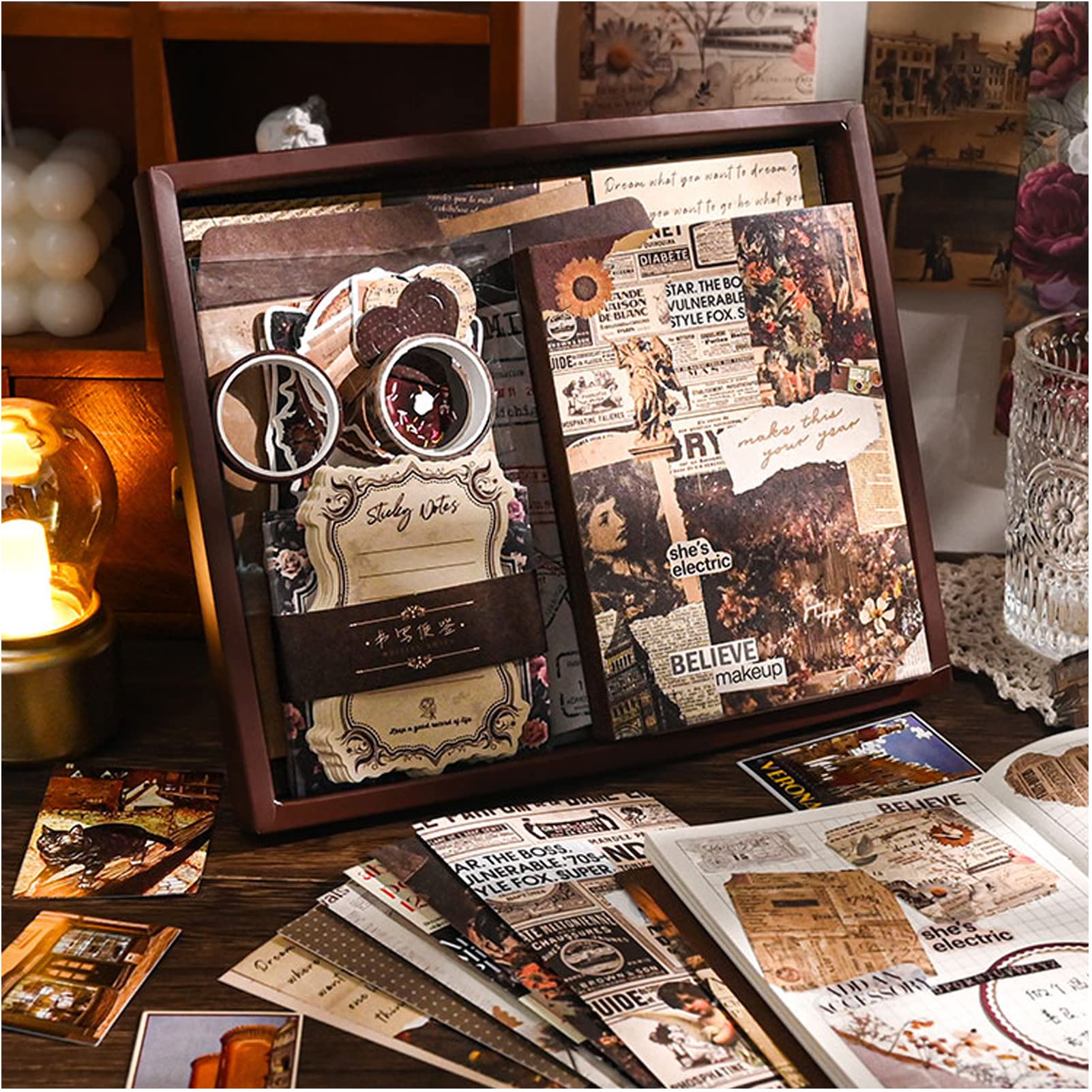 HASTHIP Vintage Scrapbook Stickers Pack with A6 Notebook, Aesthetic Paper, Washi Tape for DIY Craft Journaling Bullet Junk Journal Planners Album HASTHIP Vintage Scrapbook Stickers Pack with A6 Notebook, Aesthetic Paper, Washi Tape for DIY Craft Journaling Bullet Junk Journal Planners Album